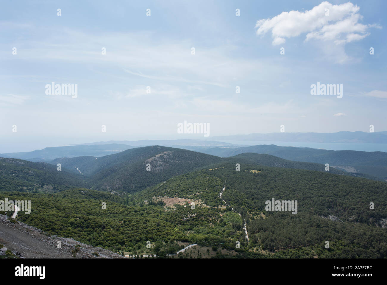 View from Mount Olympos, Lebos, Greece. Stock Photo