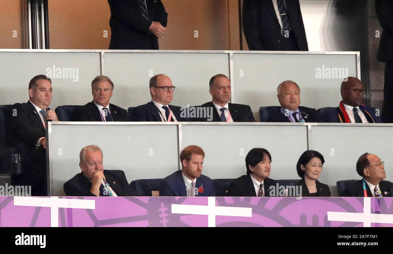 The Duke of Sussex (bottom second left), World Rugby Chairman Bill Beaumont (bottom left), Japan's Crown Prince Akishino (bottom centre) and Albert II, Prince of Monaco (top centre) during the 2019 Rugby World Cup final match at Yokohama Stadium. Stock Photo
