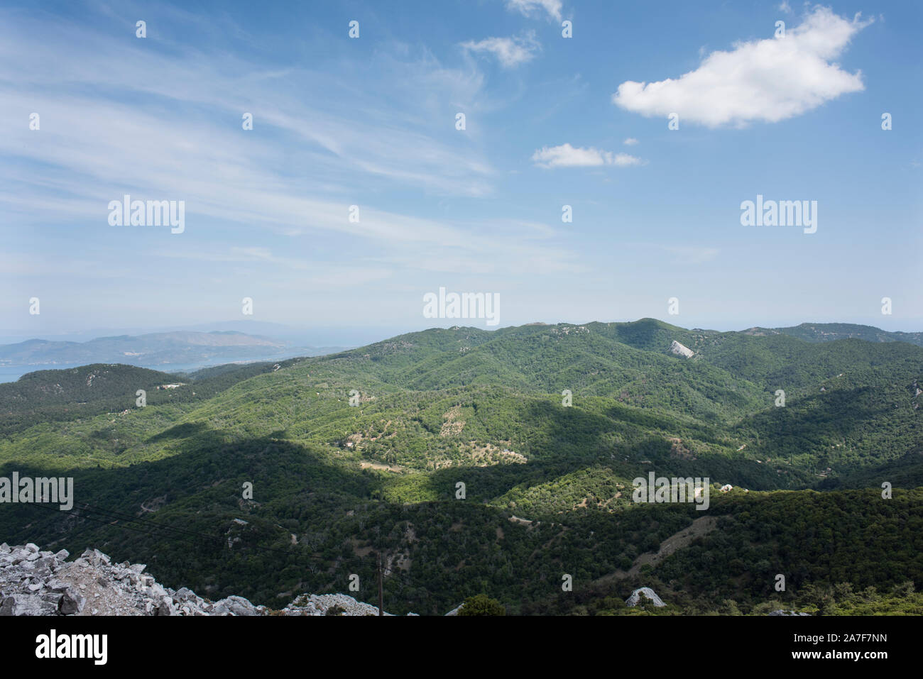 View from Mount Olympos, Lebos, Greece. Stock Photo