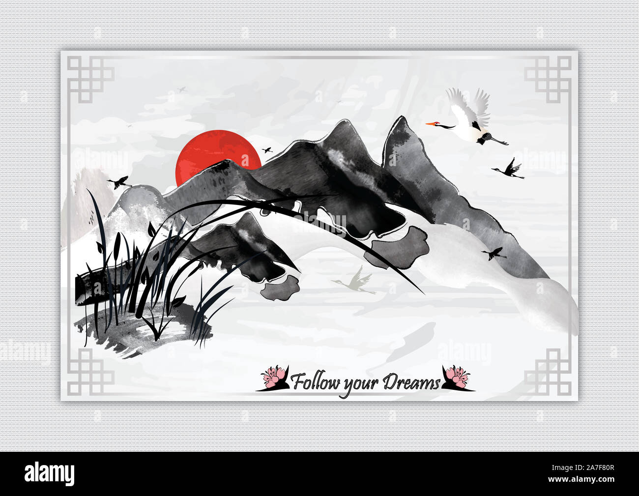 Chinese / Japanese / Korean style black ink painting, with a short motivational text written in English - 'Follow your dreams'. Stock Photo