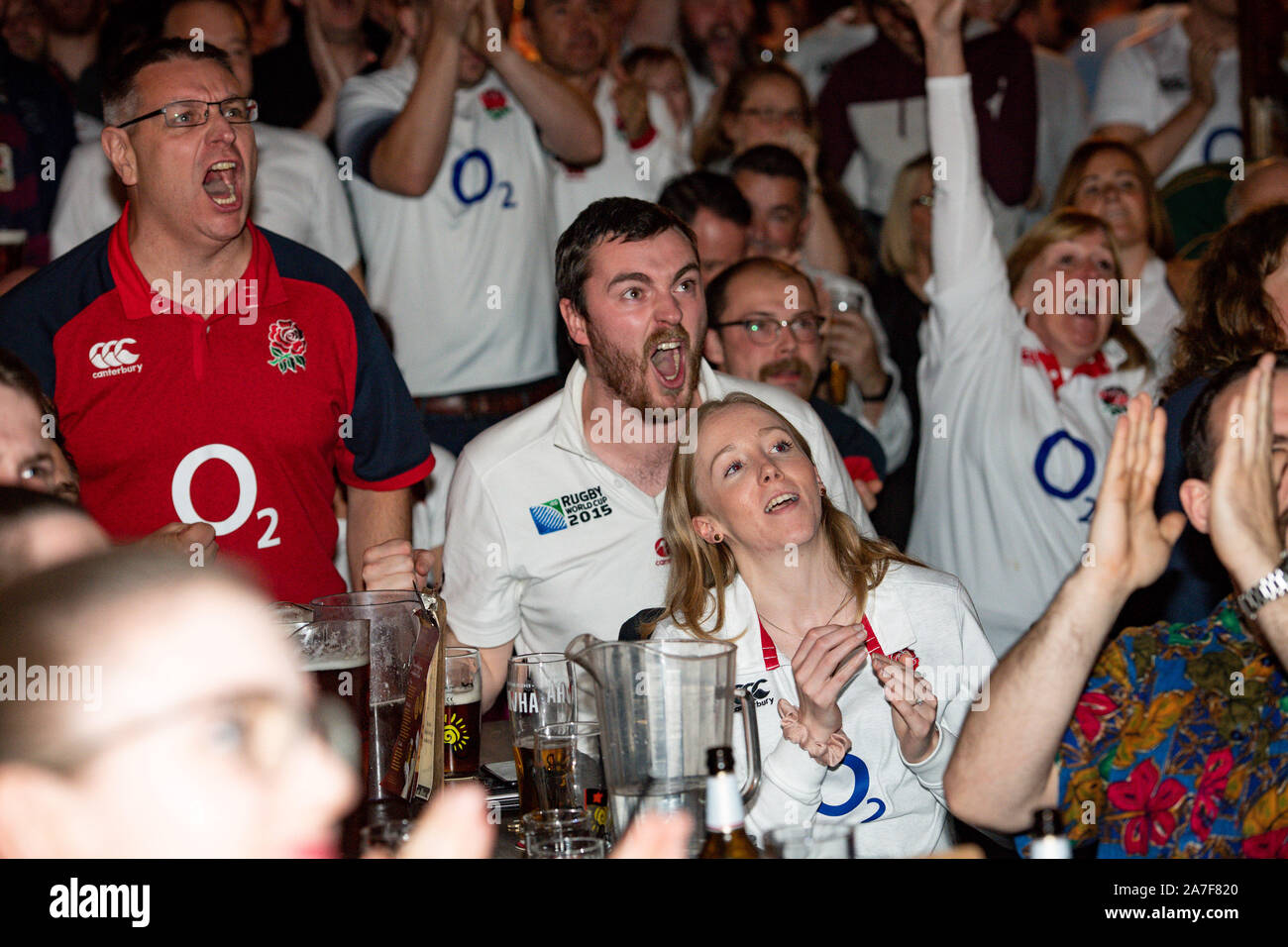 England fans react during a screening of the Rugby World Cup Final at The Merchants Inn in Rugby, Warwickshire. PA Photo. Picture date: Saturday 2nd November 2019. See PA story SPORT Rugby. Photo credit should read: Jacob King/PA Wire Stock Photo