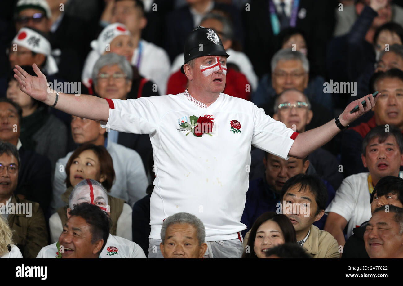 An England fan reacts in the stands during the 2019 Rugby World Cup final match at Yokohama Stadium. Stock Photo