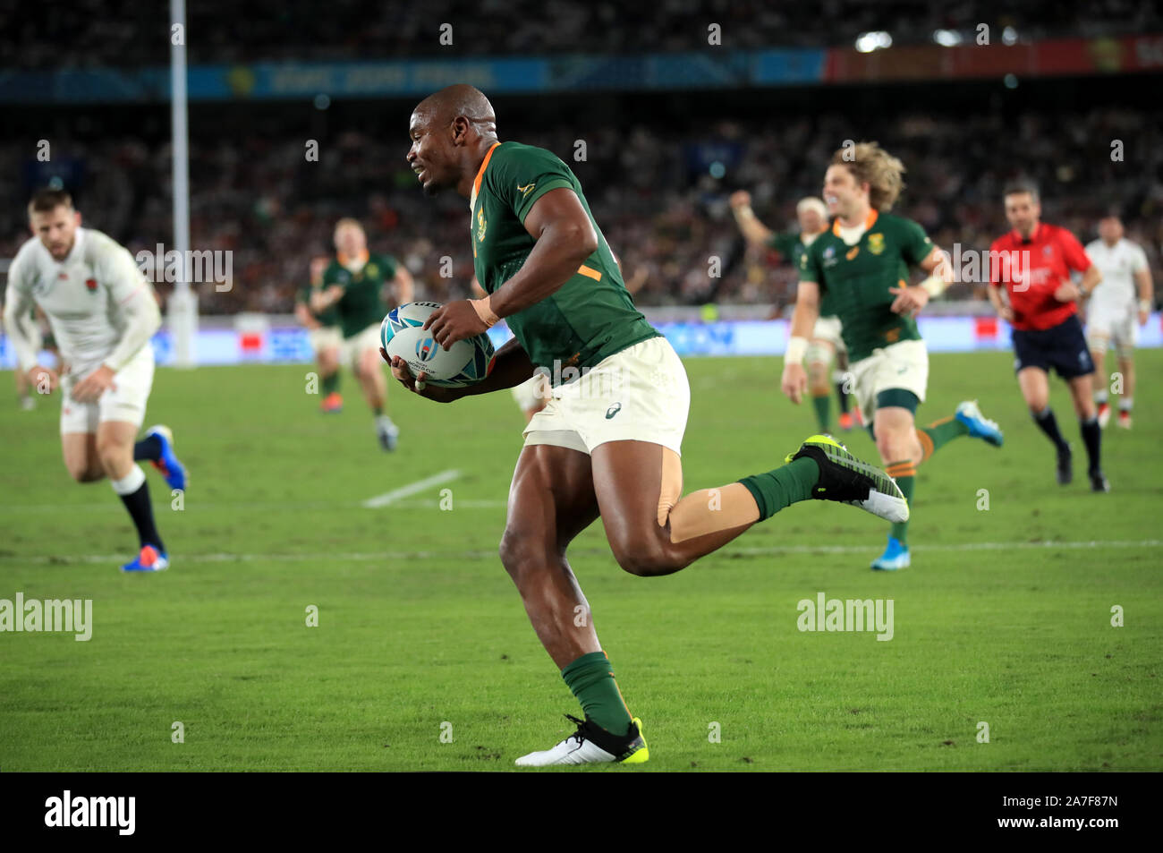 South Africa's Makazole Mapimpi scores his sides first try during the ...