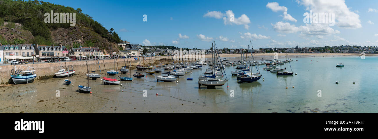 Erquiy, Cotes-d-Armor / France - 20 August, 2019: panorama view of the old port and harbor of Erquy in Brittany Stock Photo