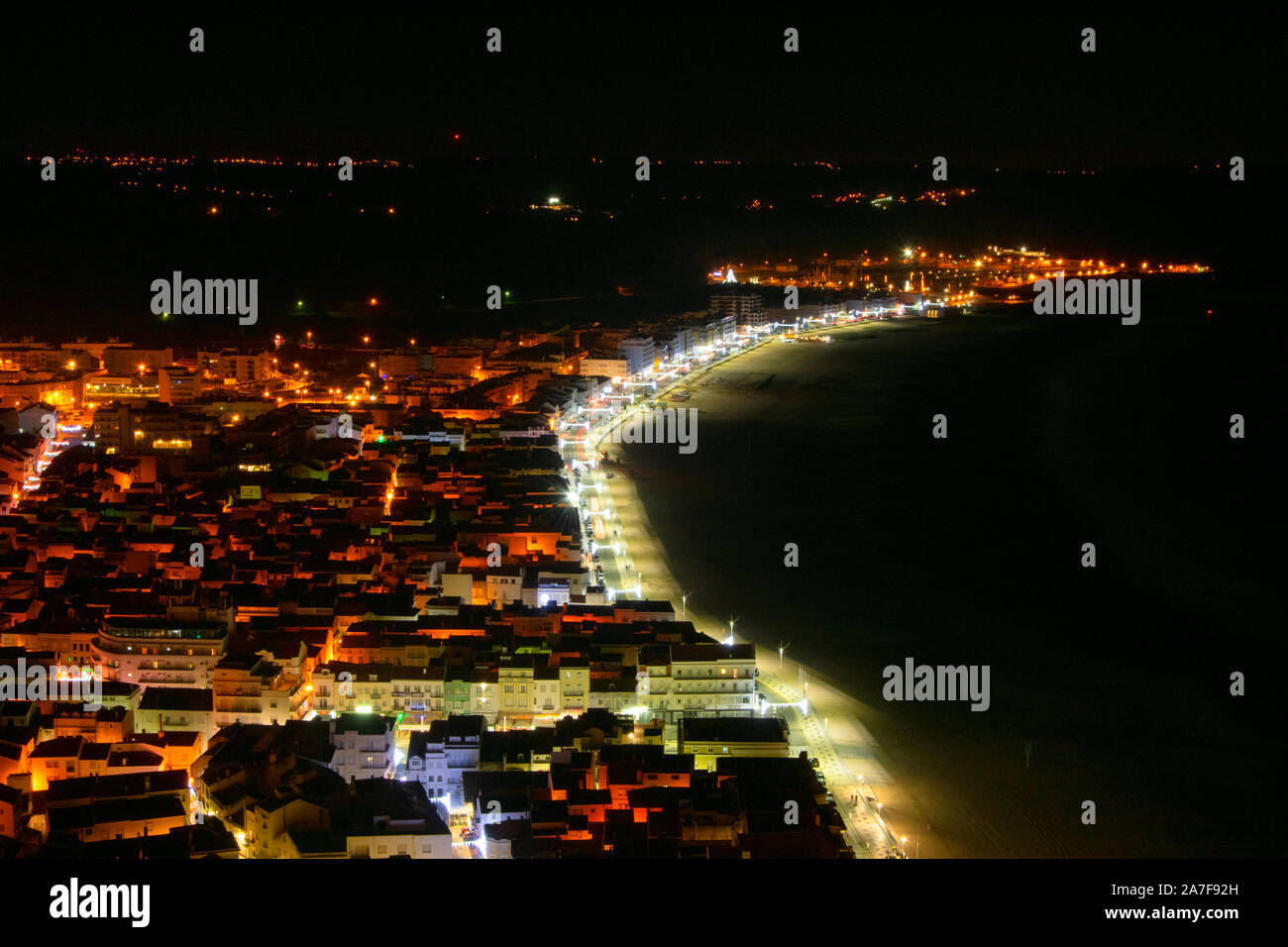 General night view of Nazare Portugal from the viewpoint at Sitio Stock Photo