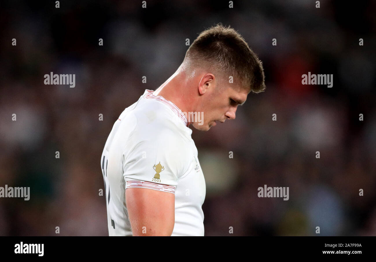 England's Owen Farrell appears dejected during the 2019 Rugby World Cup final match at Yokohama Stadium. Stock Photo