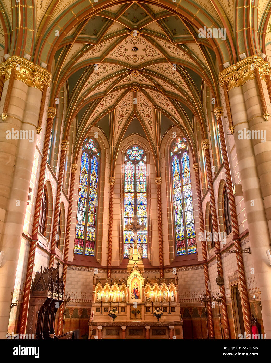St. Elizabeth Parish Church of Árpád House is a less famous church in Budapest. Absoulutely beautiful place with amazing interior. Neogothic style hi Stock Photo