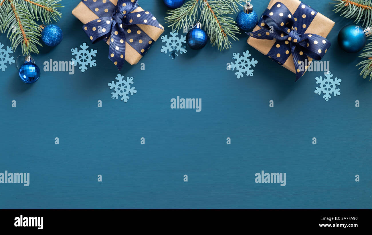 Elegant Christmas Composition Flat Lay Gift Boxes With Blue