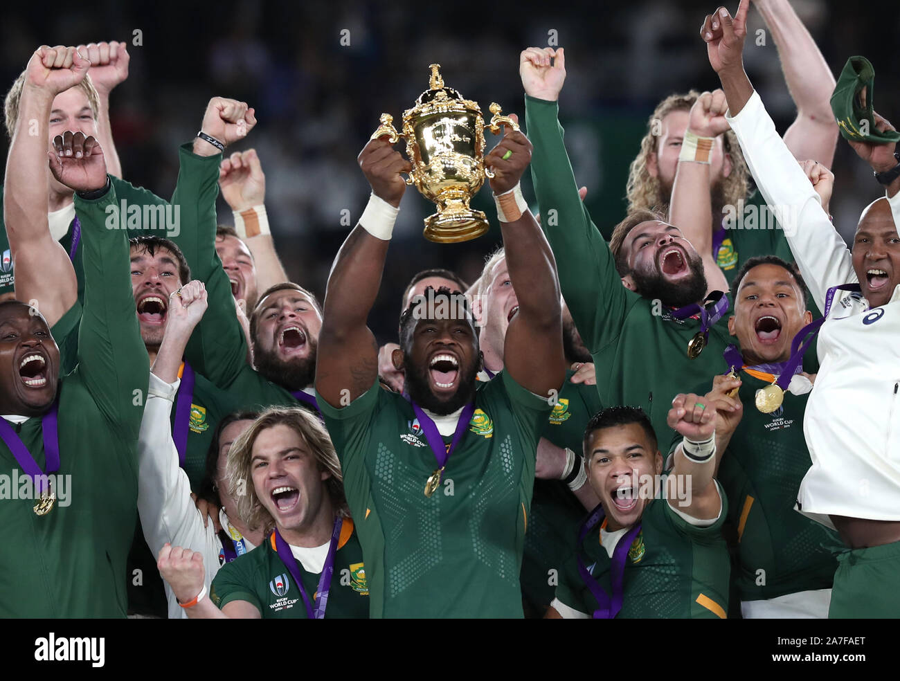 South Africa's Siya Kolis lifts the Webb Ellis cup after South After win the 2019 Rugby World Cup final match at Yokohama Stadium. Stock Photo
