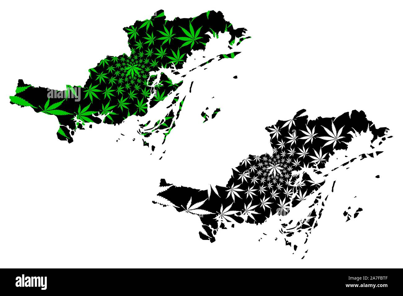 Quang Ninh Province (Socialist Republic of Vietnam, Subdivisions of Vietnam) map is designed cannabis leaf green and black, Tinh Quang Ninh map made o Stock Vector