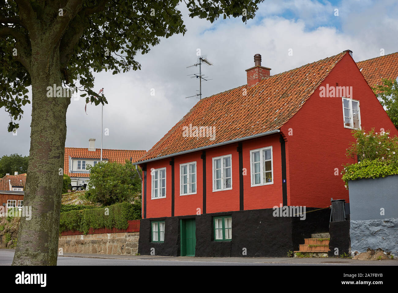 Traditional colorful halftimbered houses on Bornholm island in Svaneke