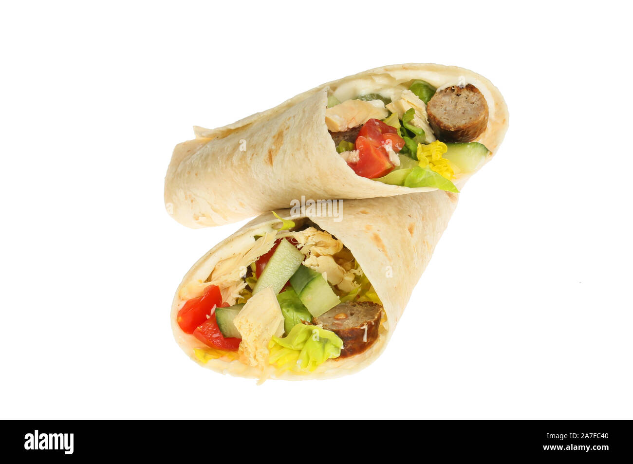 Chicken, sausage and salad wraps isolated against white Stock Photo Alamy