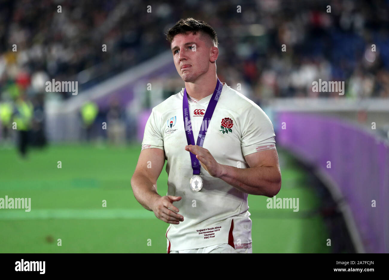 England's Tom Curry reacts after the 2019 Rugby World Cup final match at Yokohama Stadium. Stock Photo