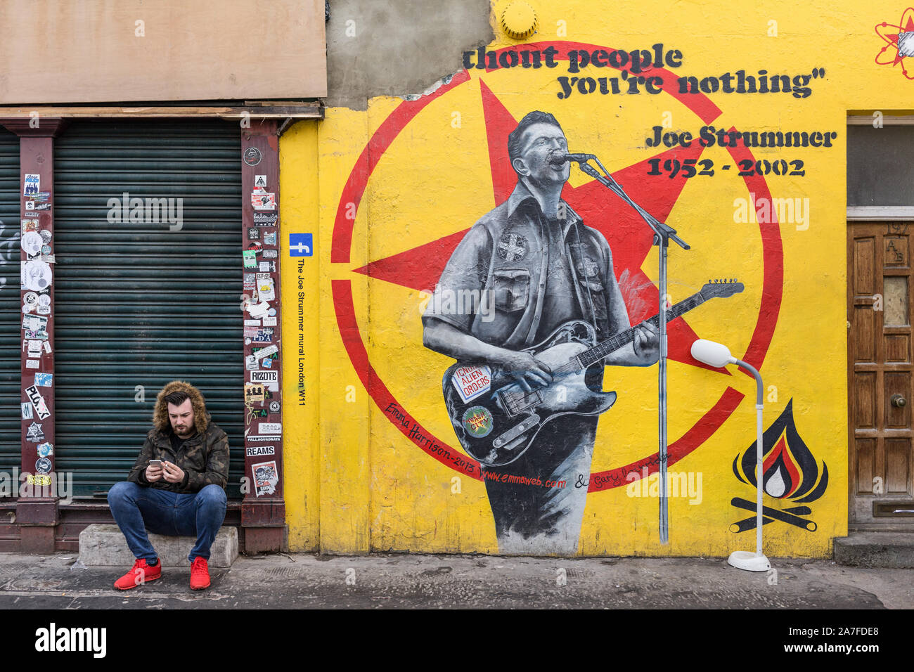 Joe Strummer from The Clash depicted in this now removed piece of street art in Notting Hill Gate, West London Stock Photo