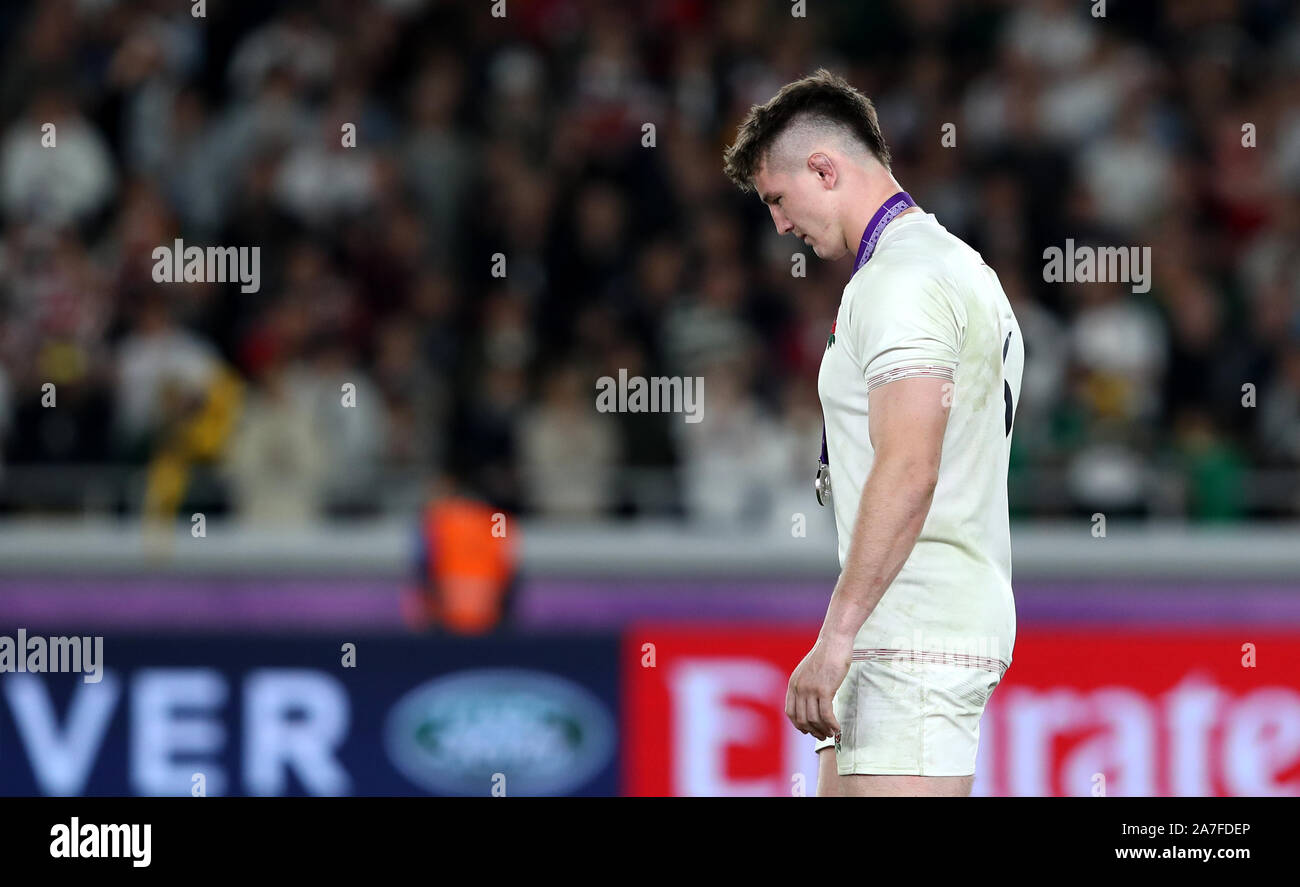 England's Tom Curry reacts after the 2019 Rugby World Cup final match at Yokohama Stadium. Stock Photo