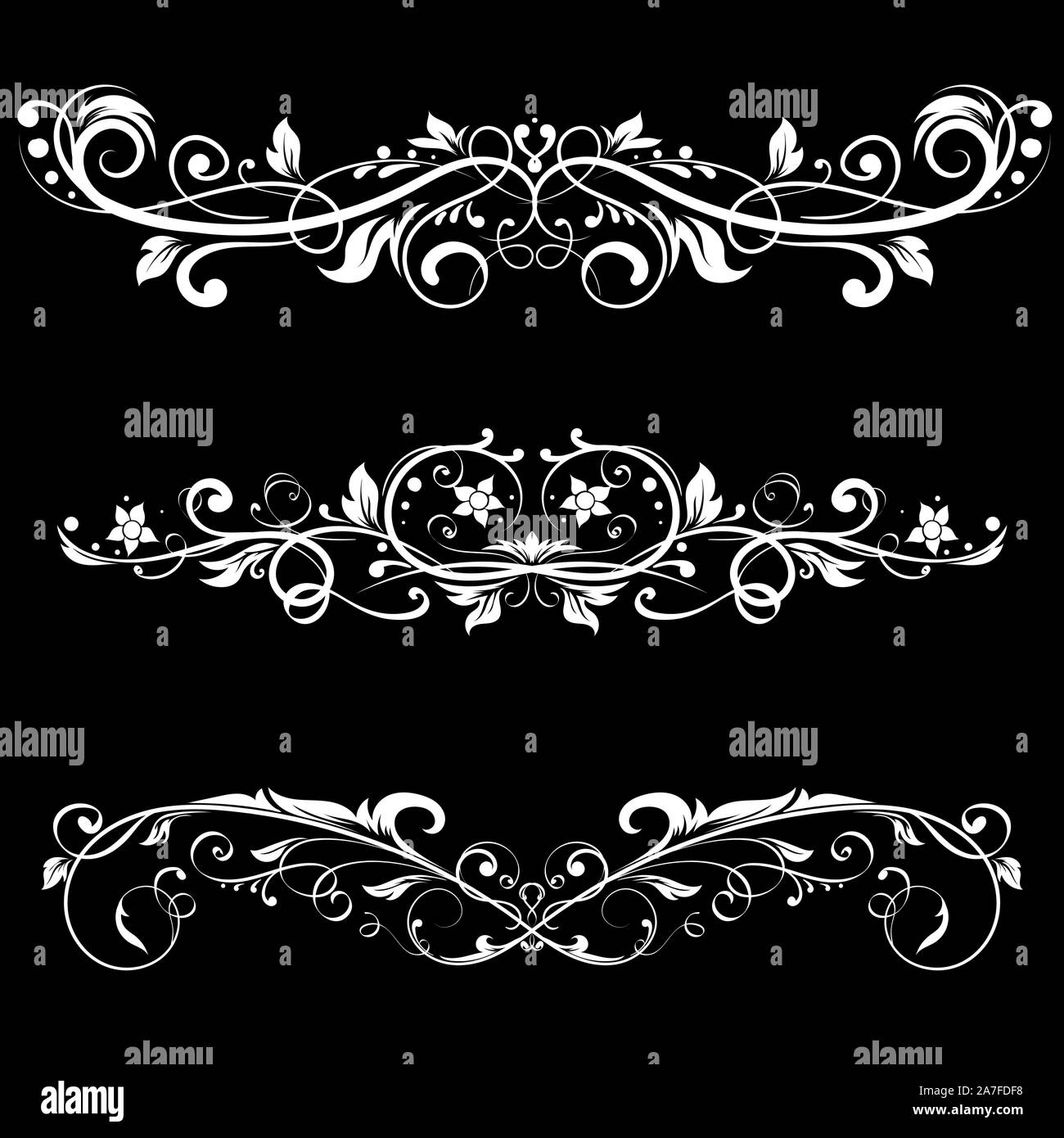 Ornamental dividers. Decorative filigree design elements on black background Stock Vector