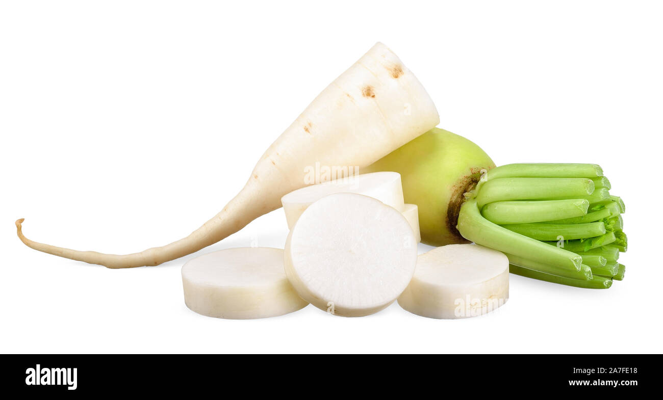 Daikon radish isolated on white with clipping path Stock Photo
