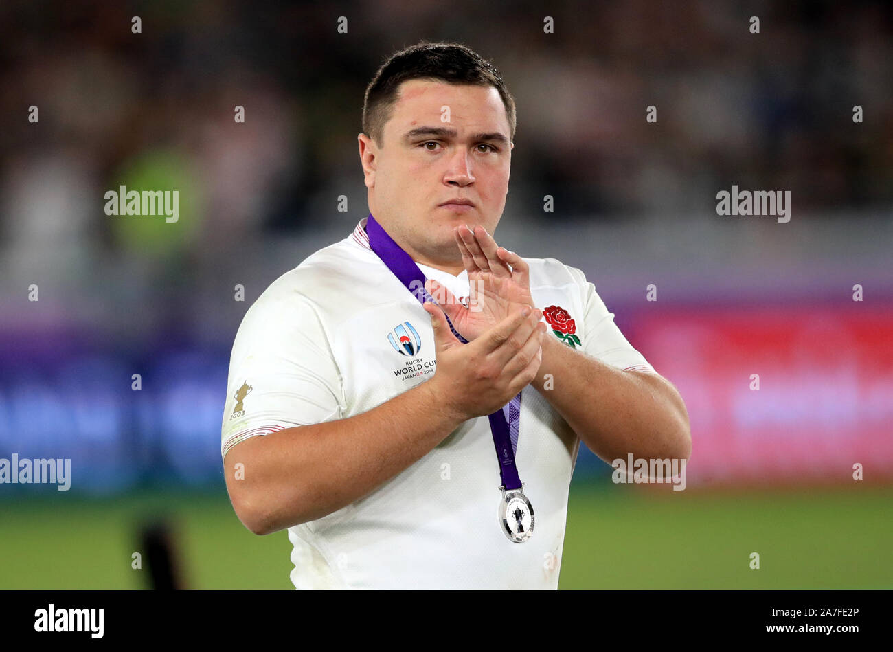 England's Jamie George with his runners up medal after the 2019 Rugby World Cup final match at Yokohama Stadium. Stock Photo