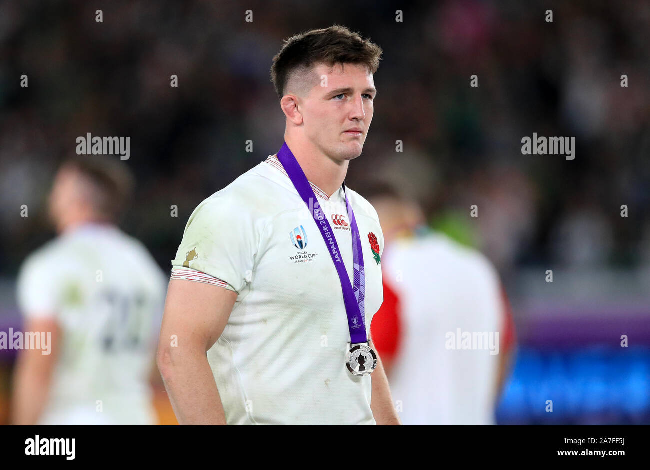 England's Tom Curry with his runners up medal after the 2019 Rugby World Cup final match at Yokohama Stadium. Stock Photo