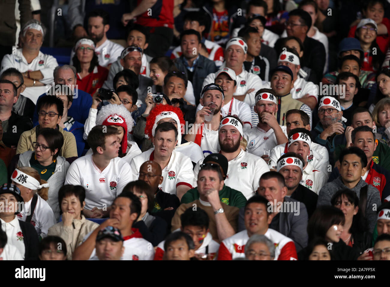 England fans during the 2019 Rugby World Cup final match at Yokohama Stadium. Stock Photo
