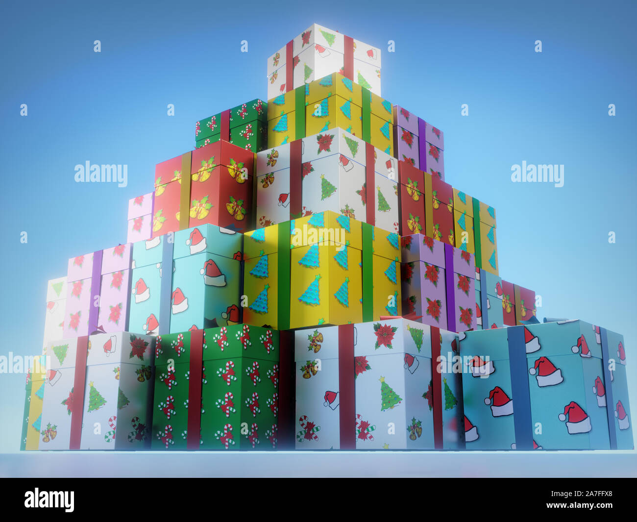 3D rendering of pile of Christmas present boxes over light blue background Stock Photo