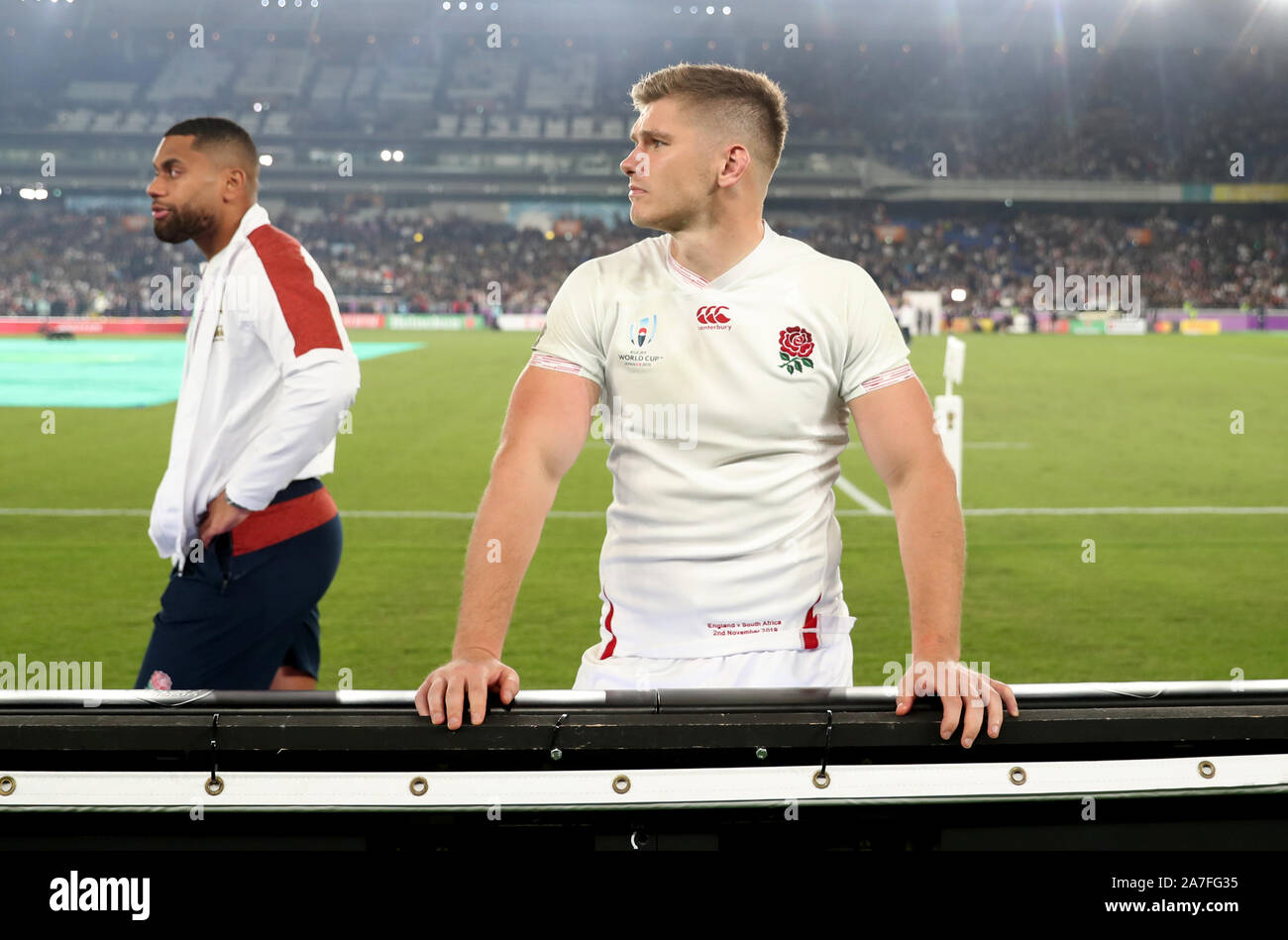 England's Owen Farrell reacts after the 2019 Rugby World Cup final match at Yokohama Stadium. Stock Photo
