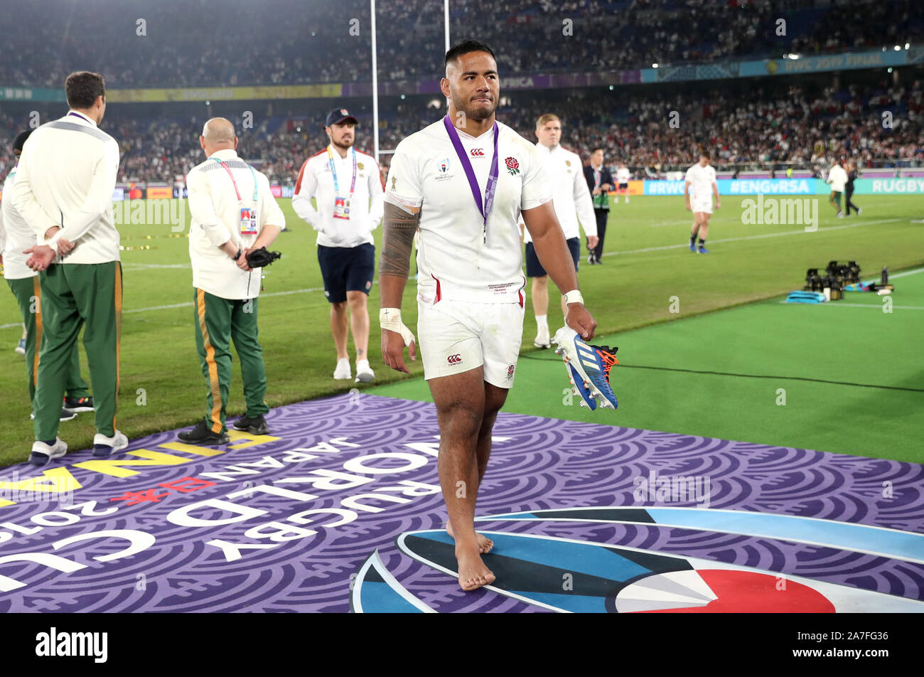 England's Manu Tuilagi reacts after the 2019 Rugby World Cup final match at Yokohama Stadium. Stock Photo