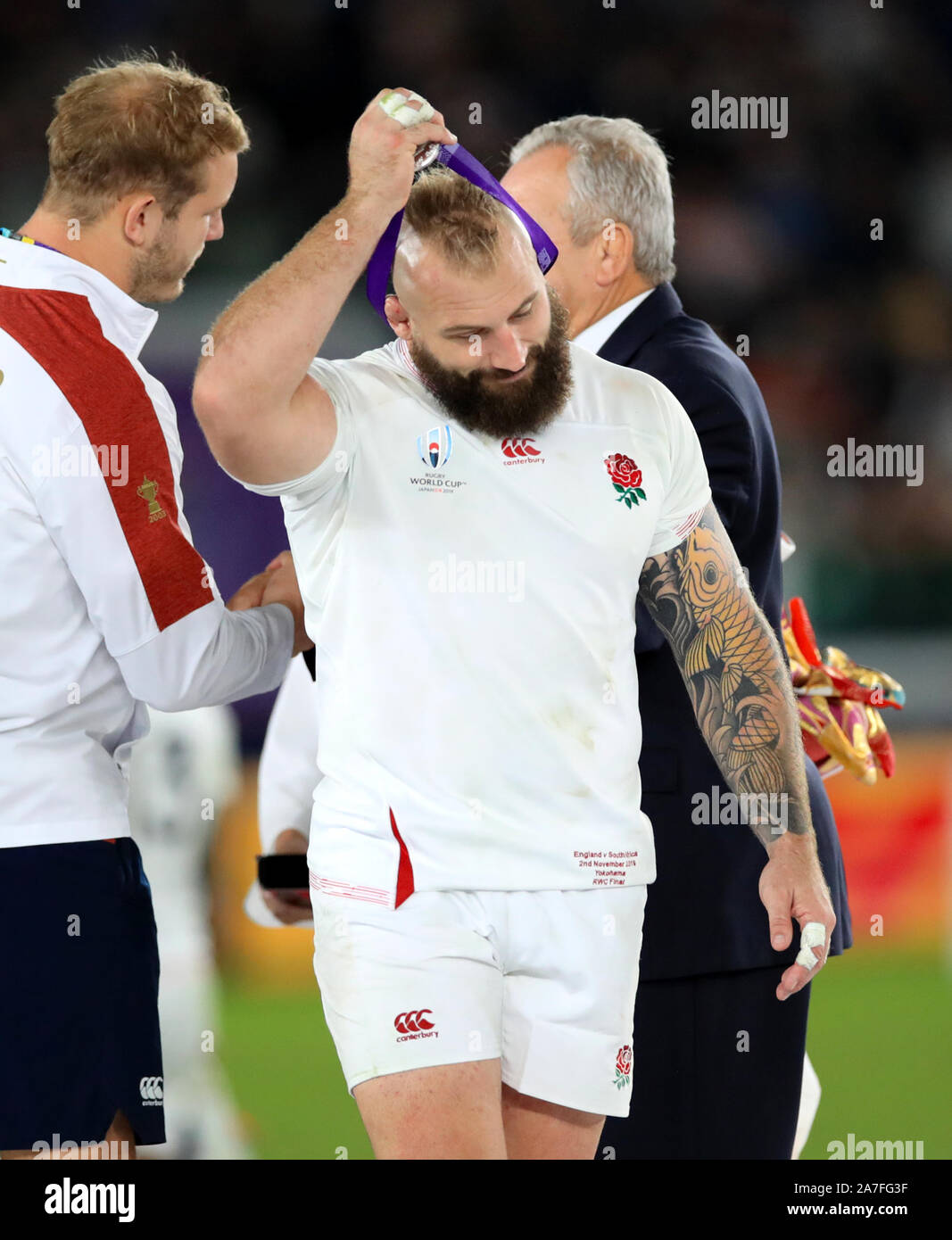 England's Joe Marler with his runners up medal after the 2019 Rugby World Cup final match at Yokohama Stadium. Stock Photo
