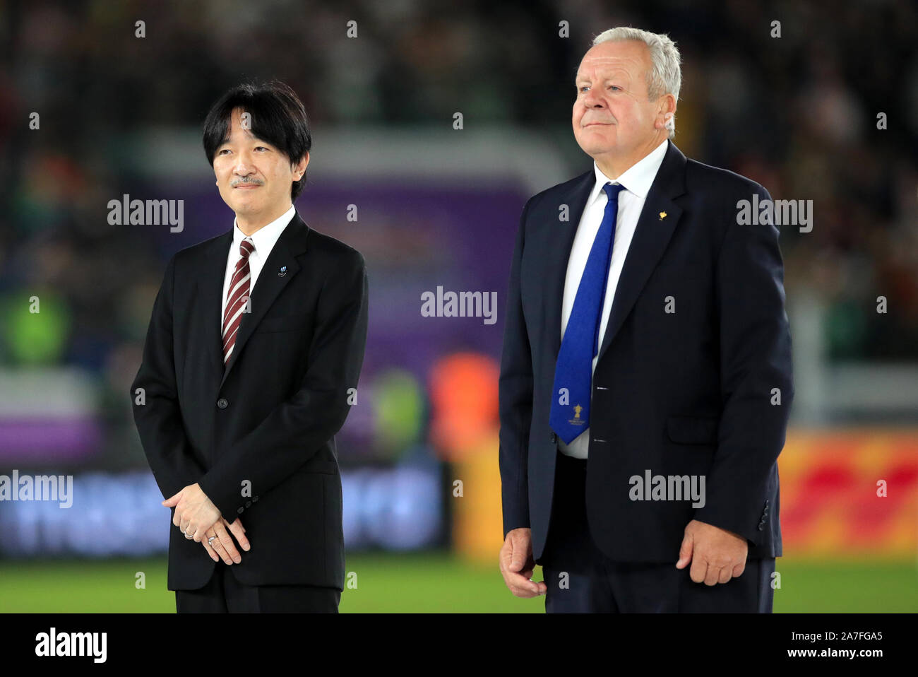 Japan's Crown Prince Akishino (left) and World Rugby Chairman Bill Beaumont during the 2019 Rugby World Cup final match at Yokohama Stadium. Stock Photo