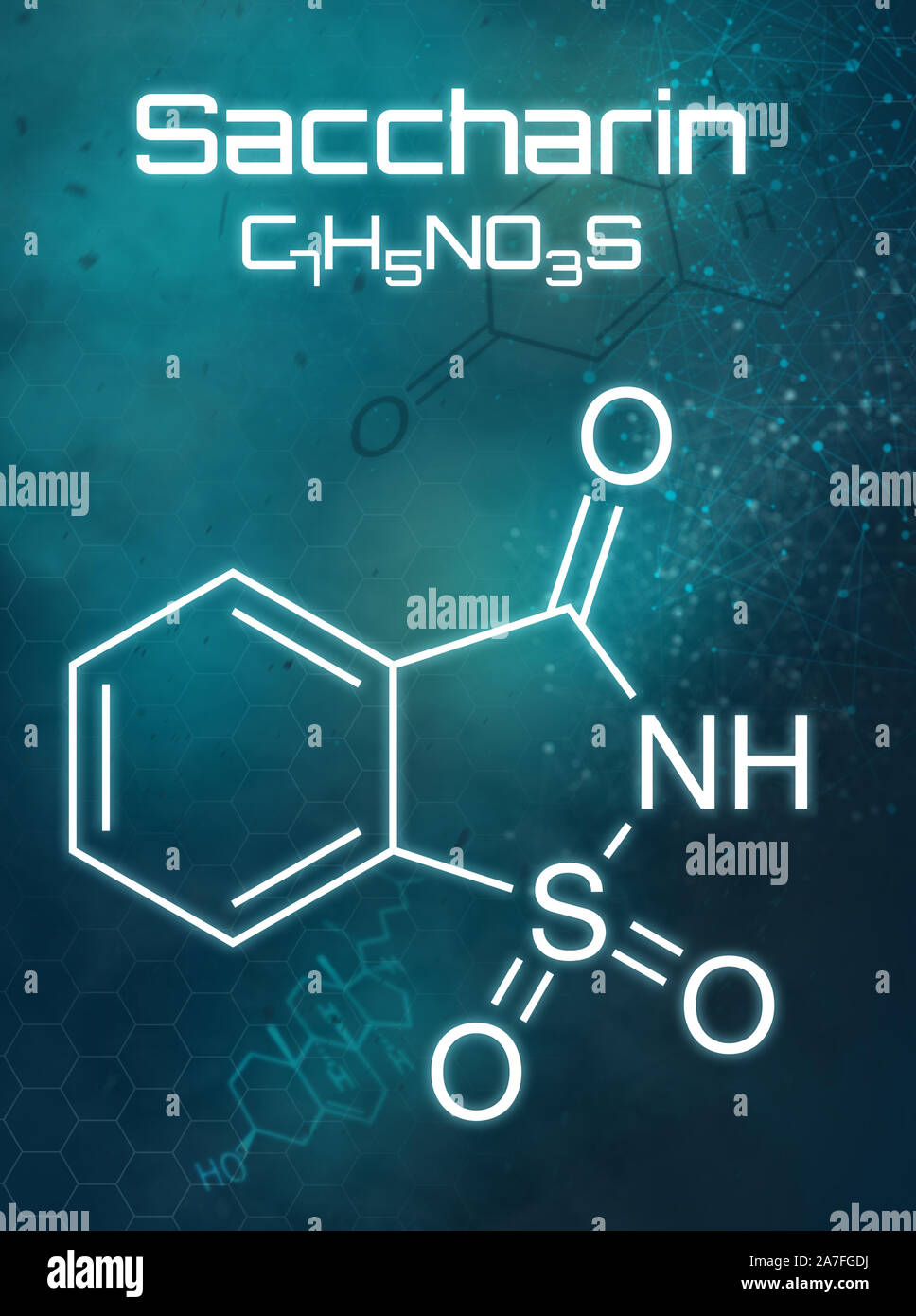 Chemical formula of Saccharin on a futuristic background Stock Photo