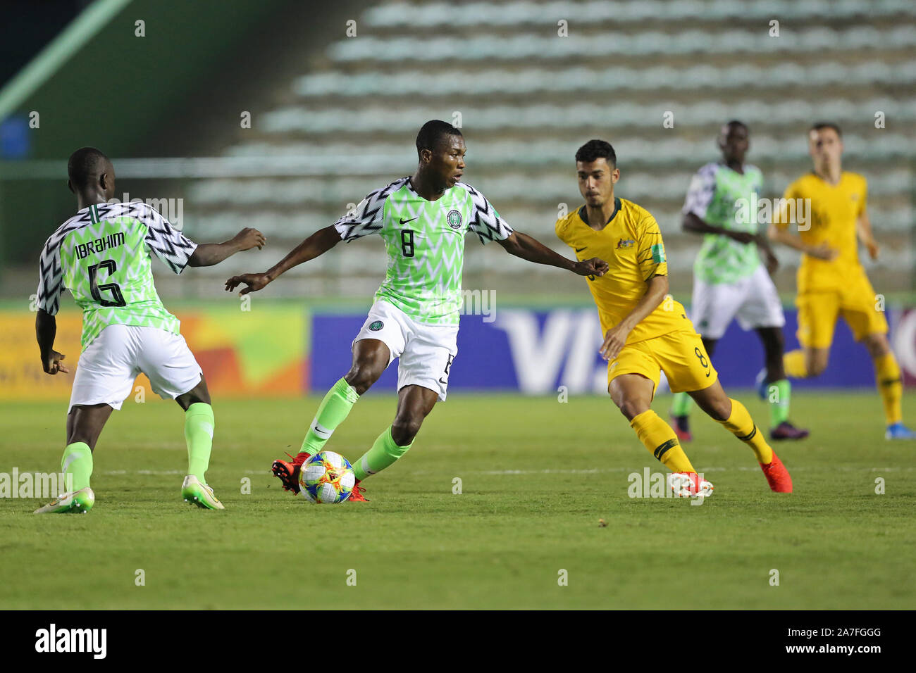 01th November 2019; Bezerrao Stadium, Brasilia, Distrito Federal, Brazil; FIFA U-17 World Cup Brazil 2019, Australia versus Nigeria; Birkan Kirdar of Australia challenges Hamzat Ojediran of Nigeria - Editorial Use Stock Photo