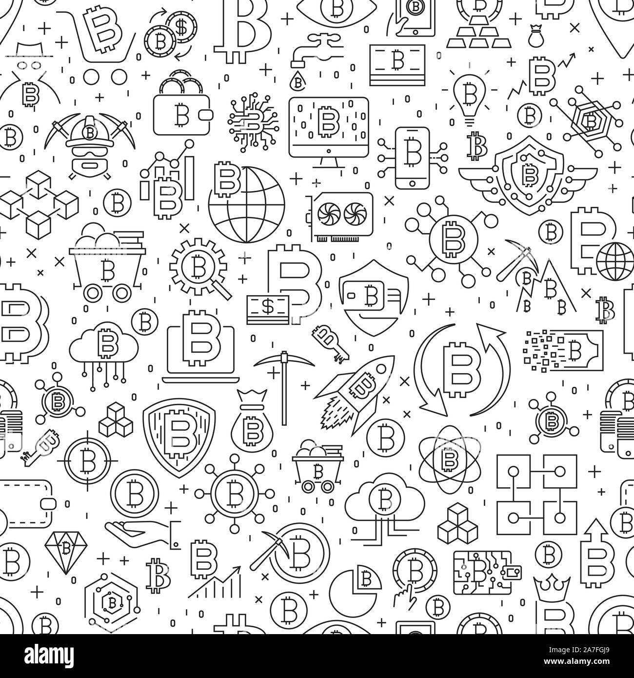 Bitcoin Seamless Pattern. Vector Illustration of Outline Tile Background. Cryptocurrency Financial Items. Stock Vector