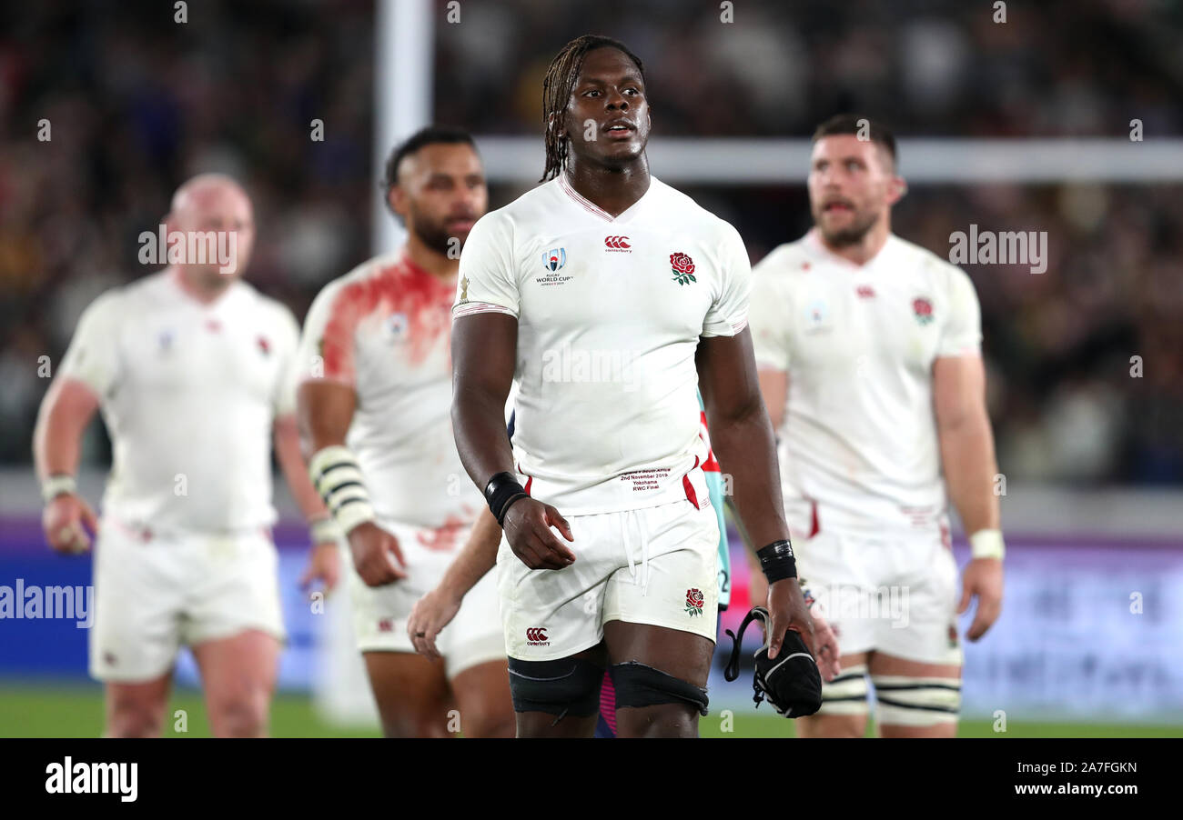 England's Maro Itoje reacts after the 2019 Rugby World Cup final match at Yokohama Stadium. Stock Photo