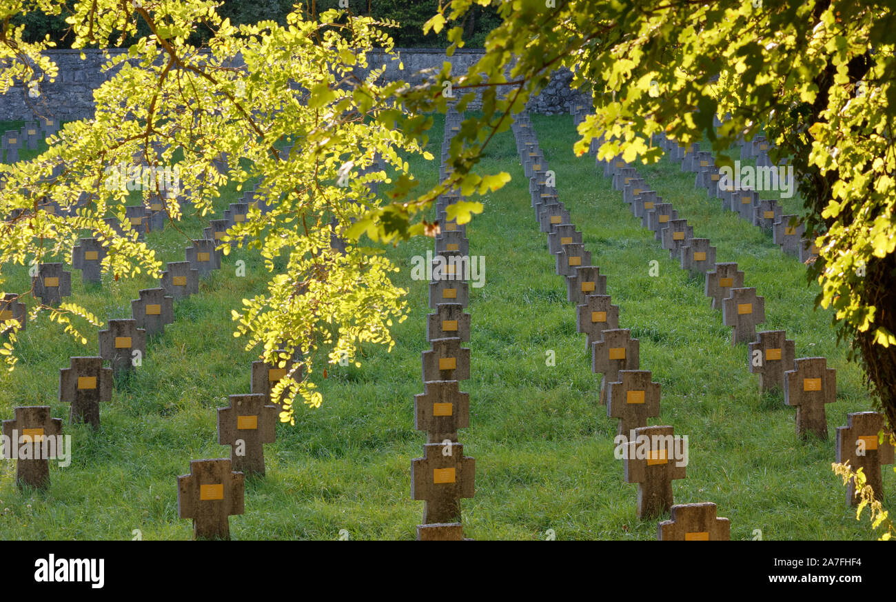 Rows of cross-shaped headstones at the Austro-Hungarian military cemetery of Prosecco-Prosek, on the Karst plateau next to Trieste Stock Photo