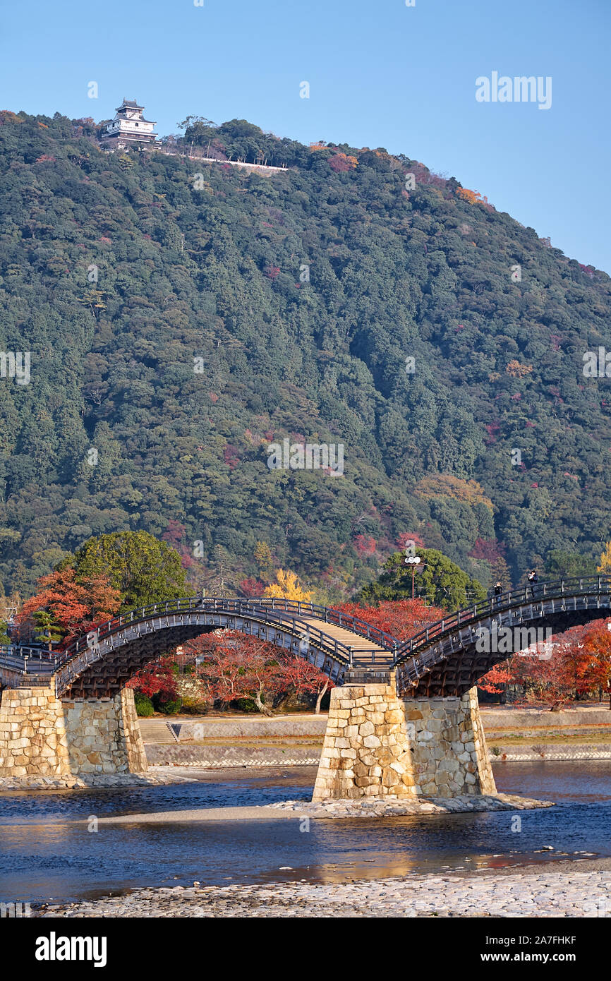 The view of the historical wooden Kintai arch bridge over Nishiki river