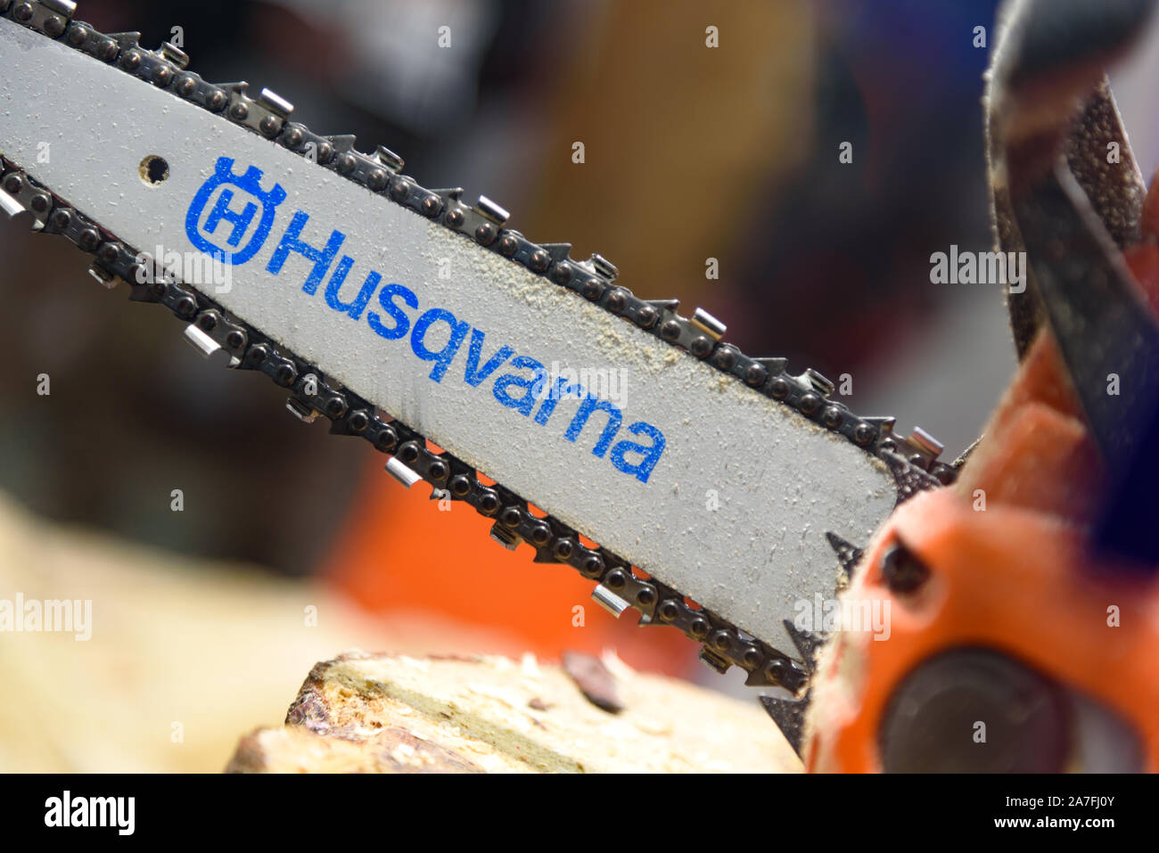 Kielce, Poland, March 16, 2019: Presentation of Chainsaw Husqvarna in clos-up. Husqvarna Group is manufacturer of outdoor power products based in Stoc Stock Photo