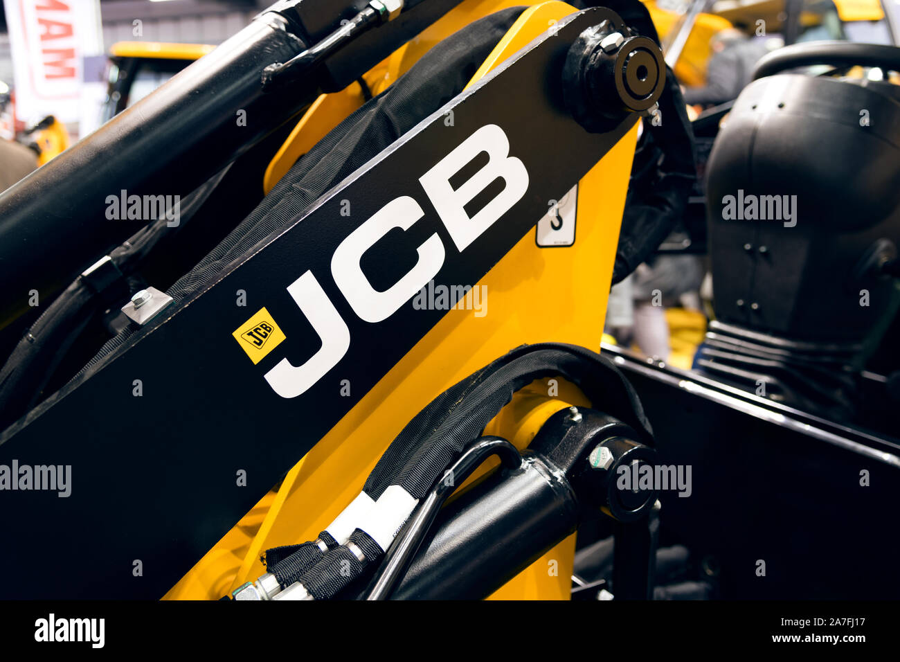 Kielce, Poland, March 16, 2019: JCB sign on a heavy machinery. J.C. Bamford Excavators Ltd. is a British manufacturer of heavy industrial and agricult Stock Photo