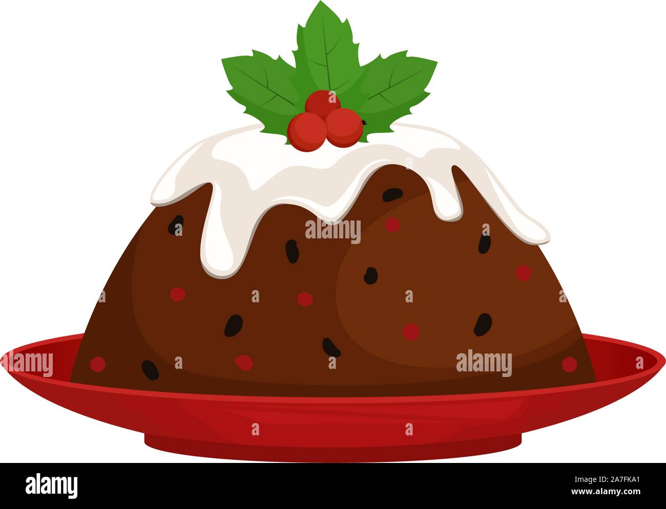 Christmas pudding with decoration on a red plate. Isolated vector