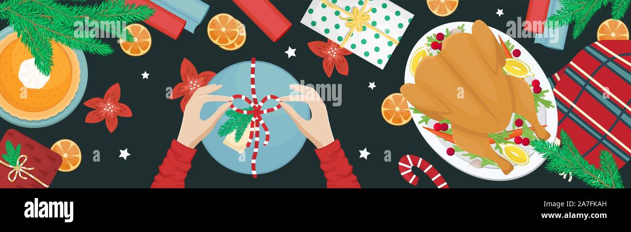 Christmas holiday dinner. Flat lay with turkey with cranberries, pumpkin pie, oranges, fir branches and gifts. Girl packing a gift. Stock Vector