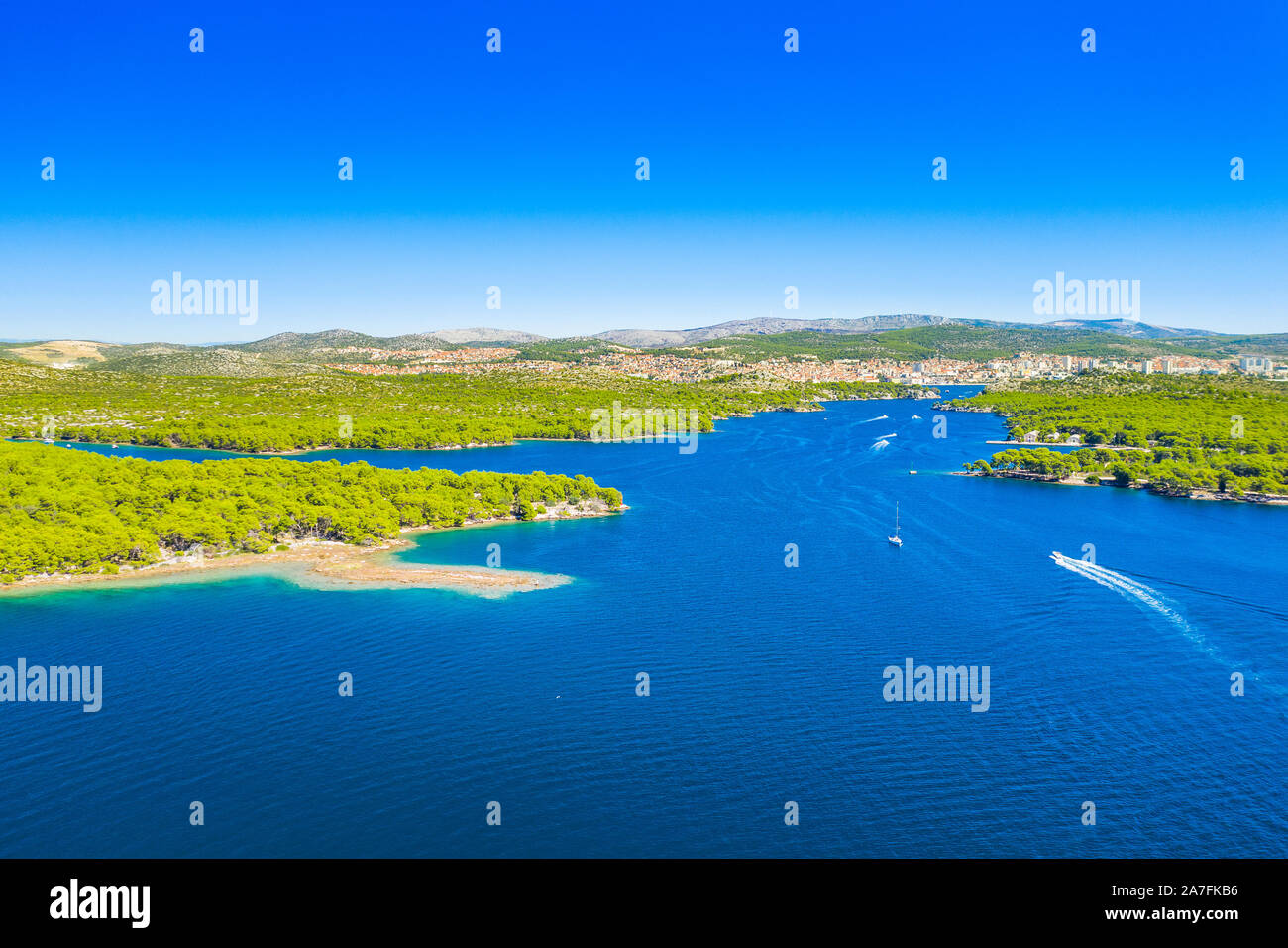 Panoramic view of the Sibenik channel bay entrance, archipelago in Dalmatia, Croatia, drone aerial shot, beautiful seascape Stock Photo