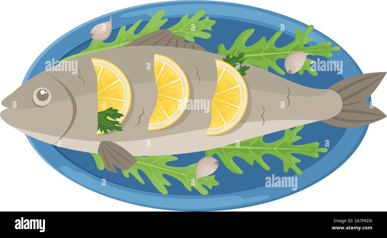 Christmas fried carp with lemon. Isolated vector illustration. Stock Vector