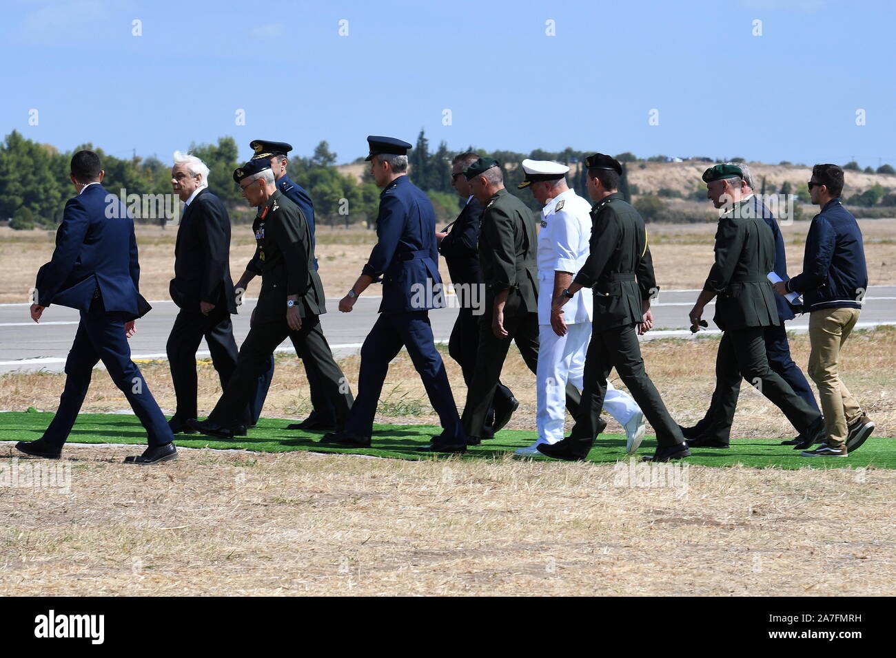 GREEK PRESIDENT PROKOPIS PAVLOPOULOS WITH MILITARY OFFICERS. Stock Photo