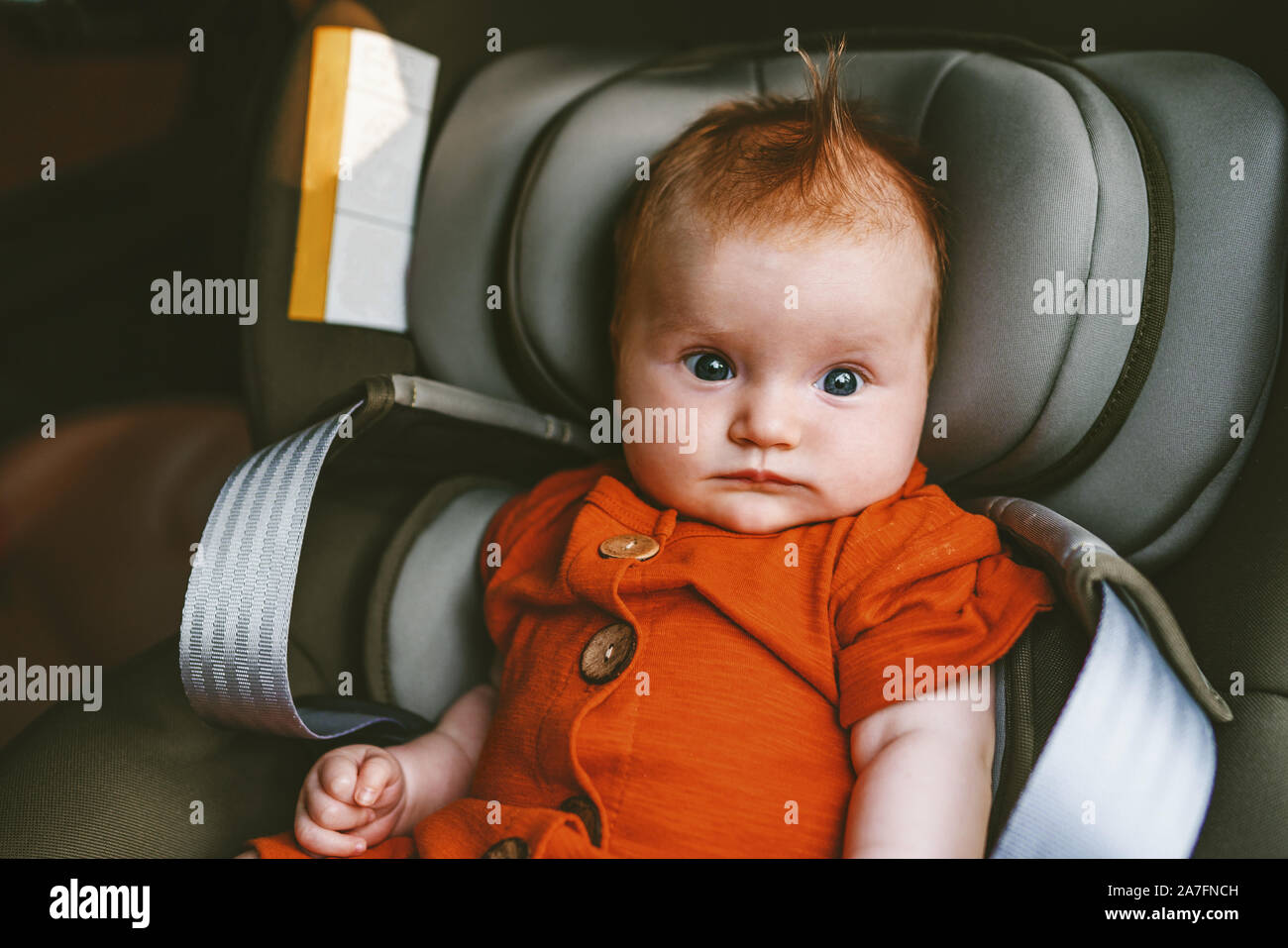 Baby sitting in safety car seat child security transportation family lifestyle cute infant portrait Stock Photo