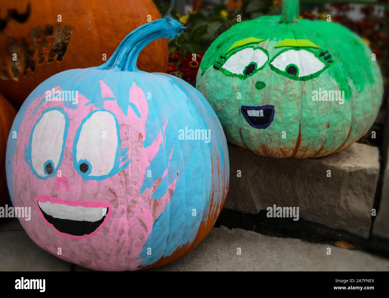 Two funny decorated Halloween monsters. Stock Photo