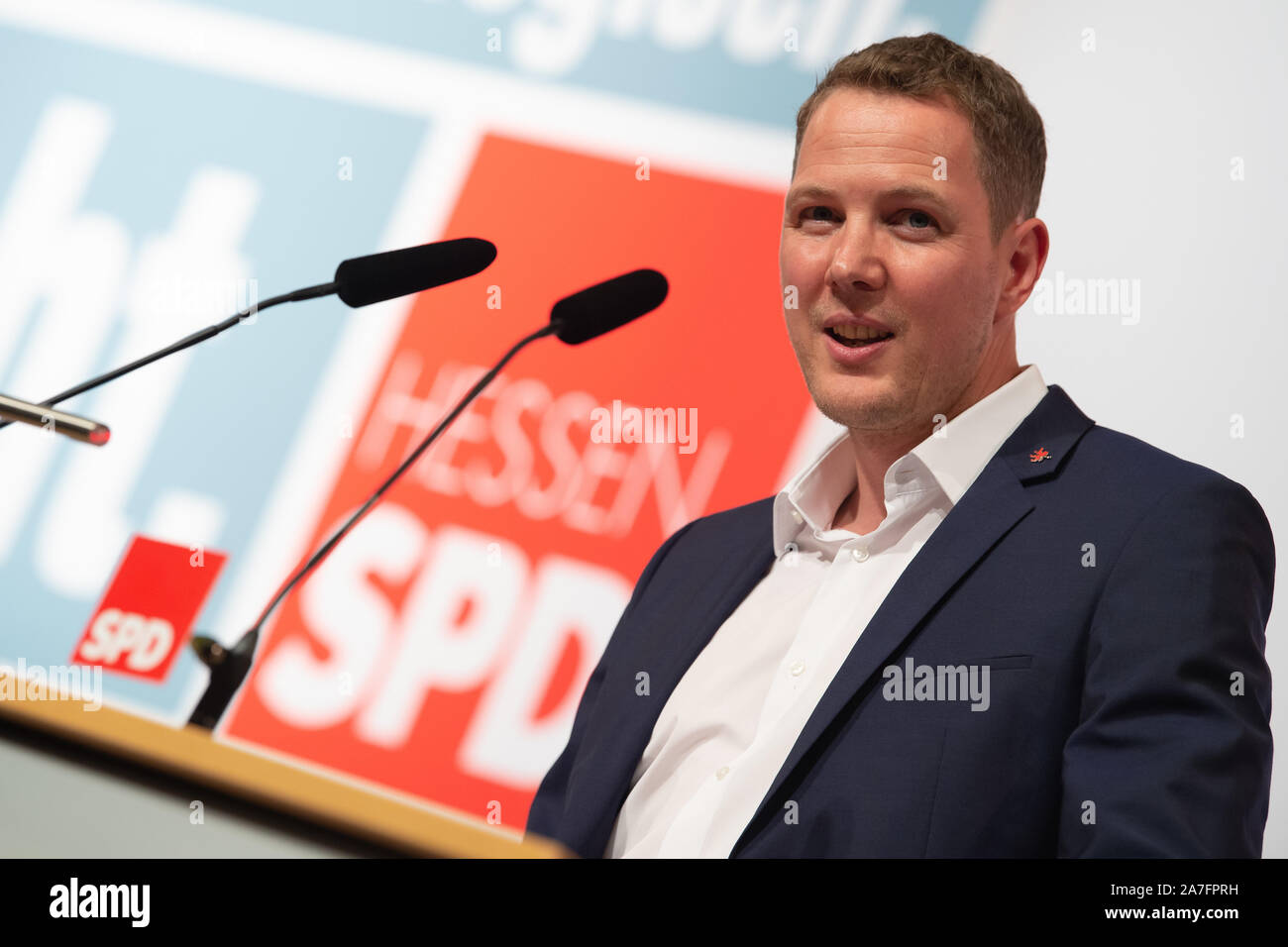Baunatal, Germany. 02nd Nov, 2019. Christoph Degen, designated Secretary  General of the SPD Hessen, will speak about his candidacy at the state  party conference of the SPD Hessen. A new executive committee