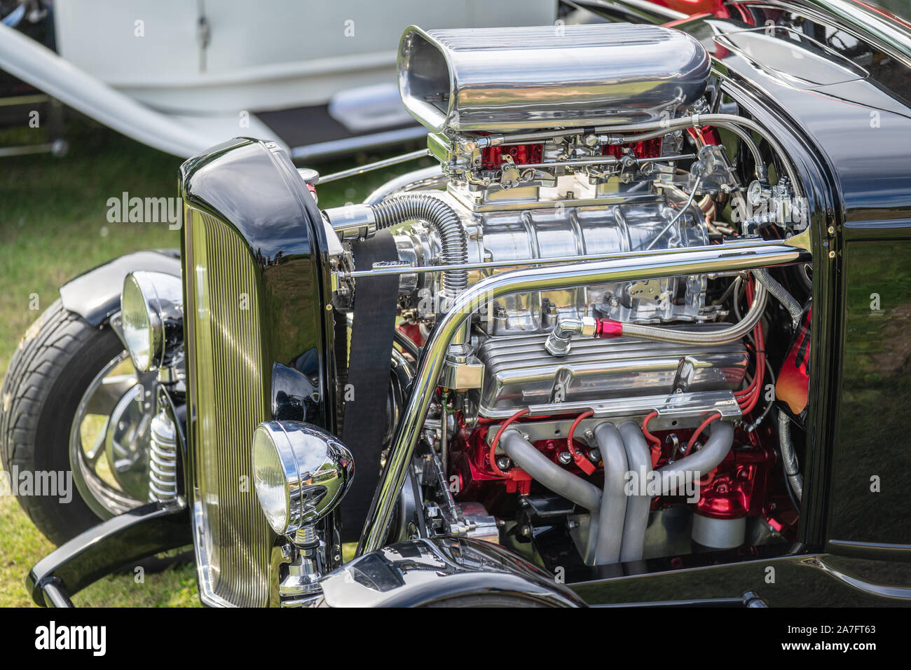 Vintage car roadster engine.Hood scoops on a car Stock Photo Alamy