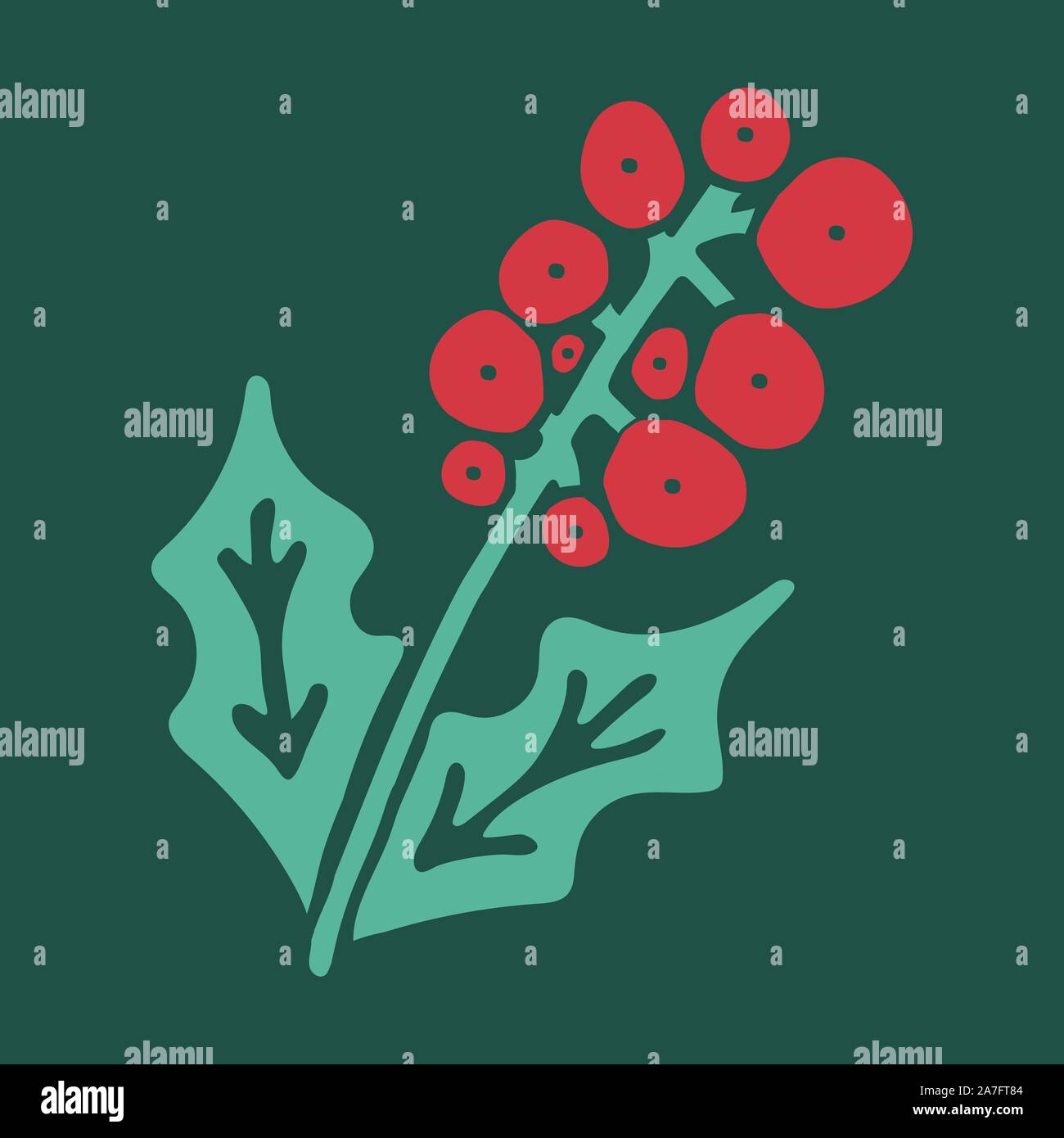 Vector hand drawn doodle illustration of Christmas holly berry. Red berries with green leaves on dark green background. New Year, Christmas decoration Stock Vector