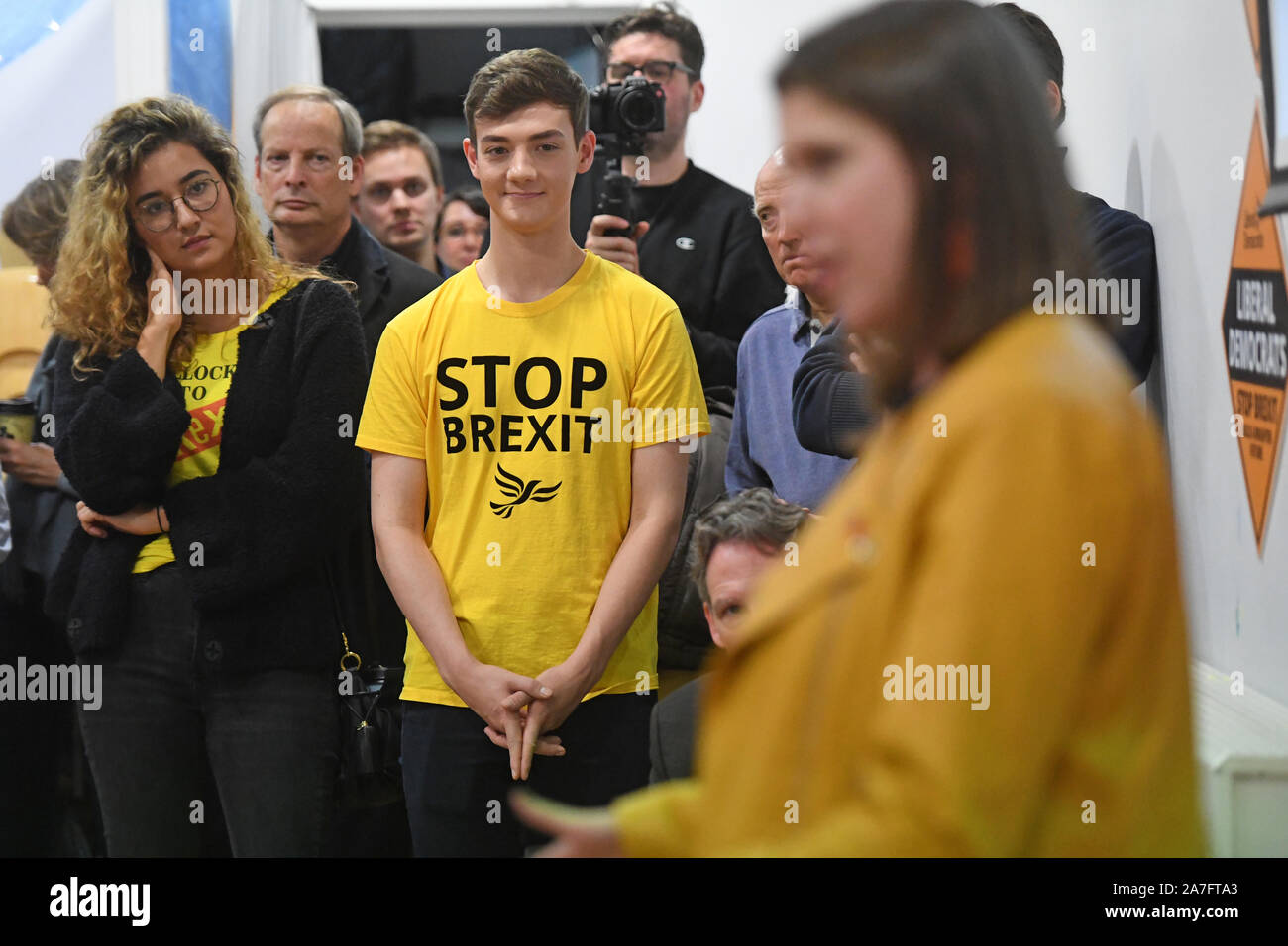 Audience members listen to Liberal Democrat leader Jo Swinson speak during the launch of Sam Gyimah MP campaign in Kensington, a new target seat for the party, at St Sarkis Armenian Church in Kensington, London. Stock Photo