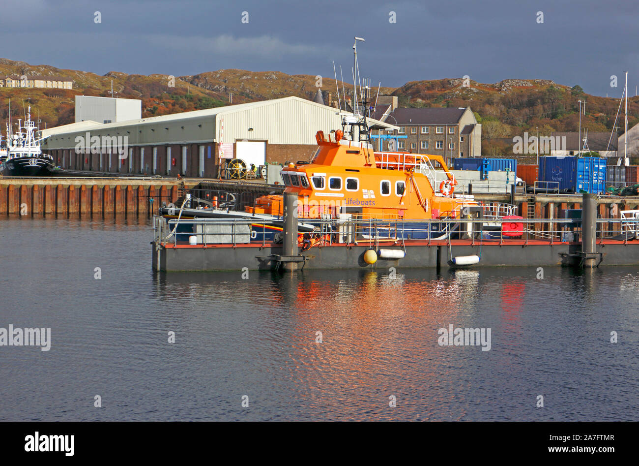 A view of the Severn class all-weather lifeboat at berth in Lochinver, Assynt, Sutherland, Scotland, United Kingdom, Europe. Stock Photo