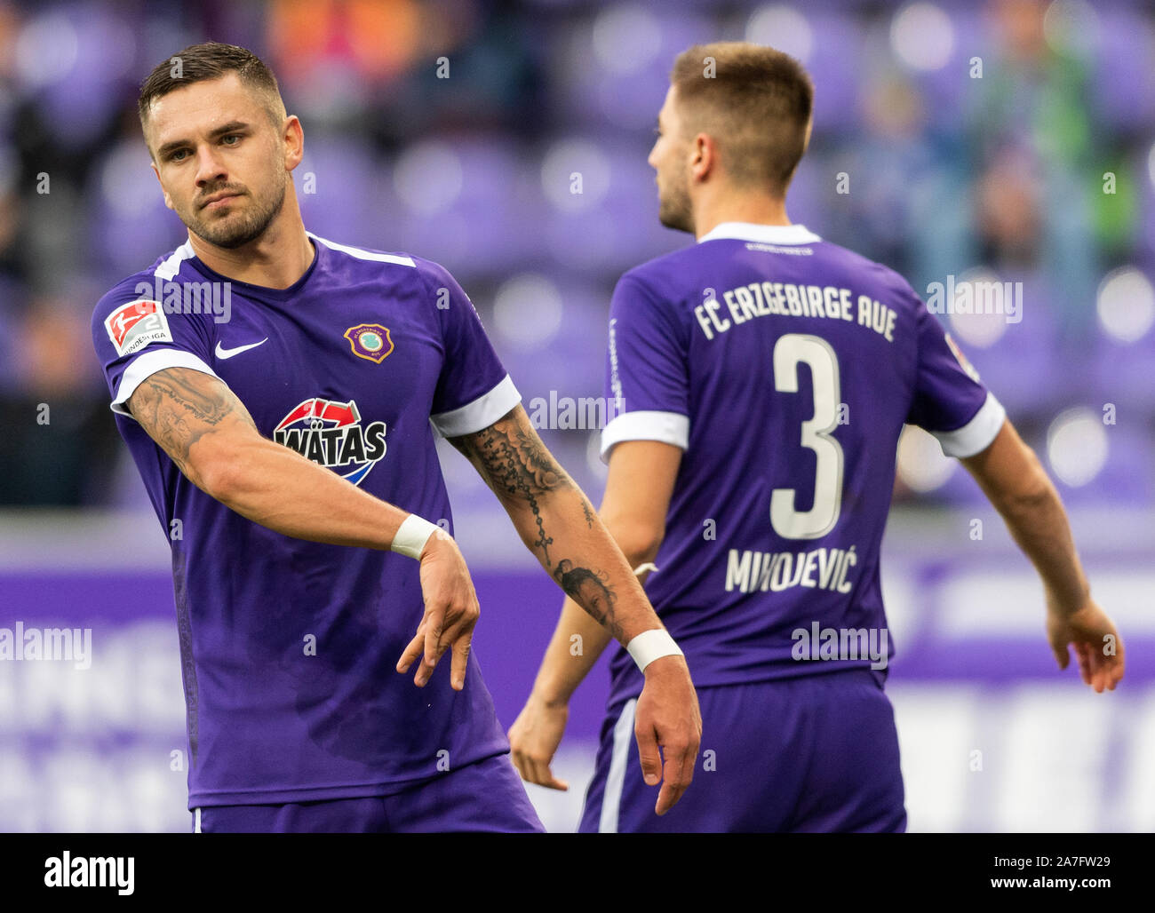 02 November 2019, Saxony, Aue: Soccer: 2nd Bundesliga, FC Erzgebirge Aue - 1st FC Heidenheim, 12th matchday, in the Sparkassen-Erzgebirgsstadion. Aues Pascal Testroet (r) and Marko Mihojevic are disappointed after the 1:1. Photo: Robert Michael/dpa-Zentralbild/dpa - IMPORTANT NOTE: In accordance with the requirements of the DFL Deutsche Fußball Liga or the DFB Deutscher Fußball-Bund, it is prohibited to use or have used photographs taken in the stadium and/or the match in the form of sequence images and/or video-like photo sequences. Stock Photo